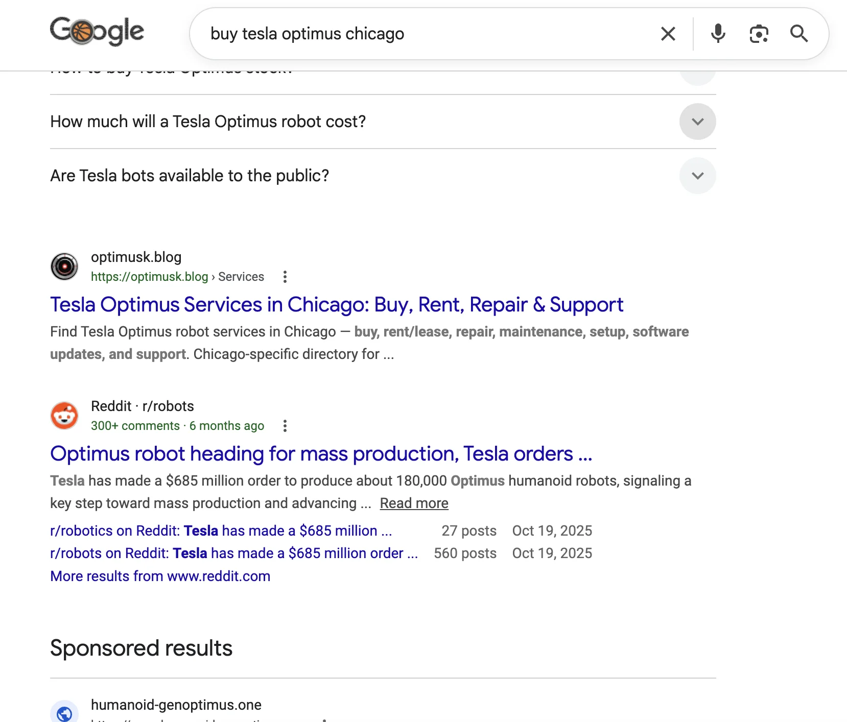 Google search: buy tesla optimus chicago — optimusk.blog in results